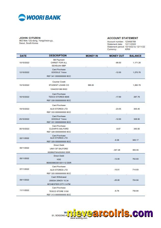 South Korea Woori bank statement